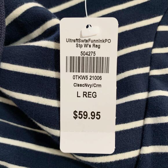 New LL Bean Ultrasoft Sweats Funnel Neck Pullover Blue Cream Stripe Sweatshirt L - Picture 6 of 7